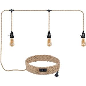 3 Plug-in Pendant Lights Kit - Hemp Rope Cord with Switch, 22 Ft Length, DIY Farmhouse Hanging Lighting Fixture (Yellow)