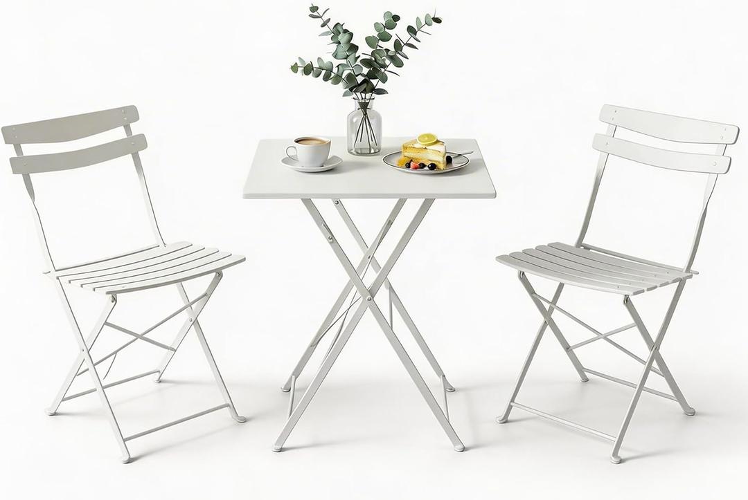 Garvee 3-Piece Patio Bistro Set – Metal Frame Folding Patio Furniture, Outdoor/Indoor Bistro Table and Chairs Set, No Assembly Needed, for Balcony, Yard, Garden, White