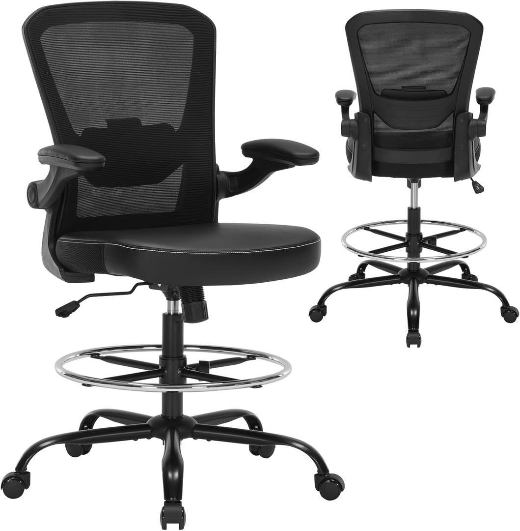 Drafting Chair Tall Office Chair with PU Leather Seat, 400lbs Ergonomic Standing Desk Chair with Lumbar Support,Counter Stool with Adjustable Footrest Ring & Flip-up Armrests,Black, X-Large