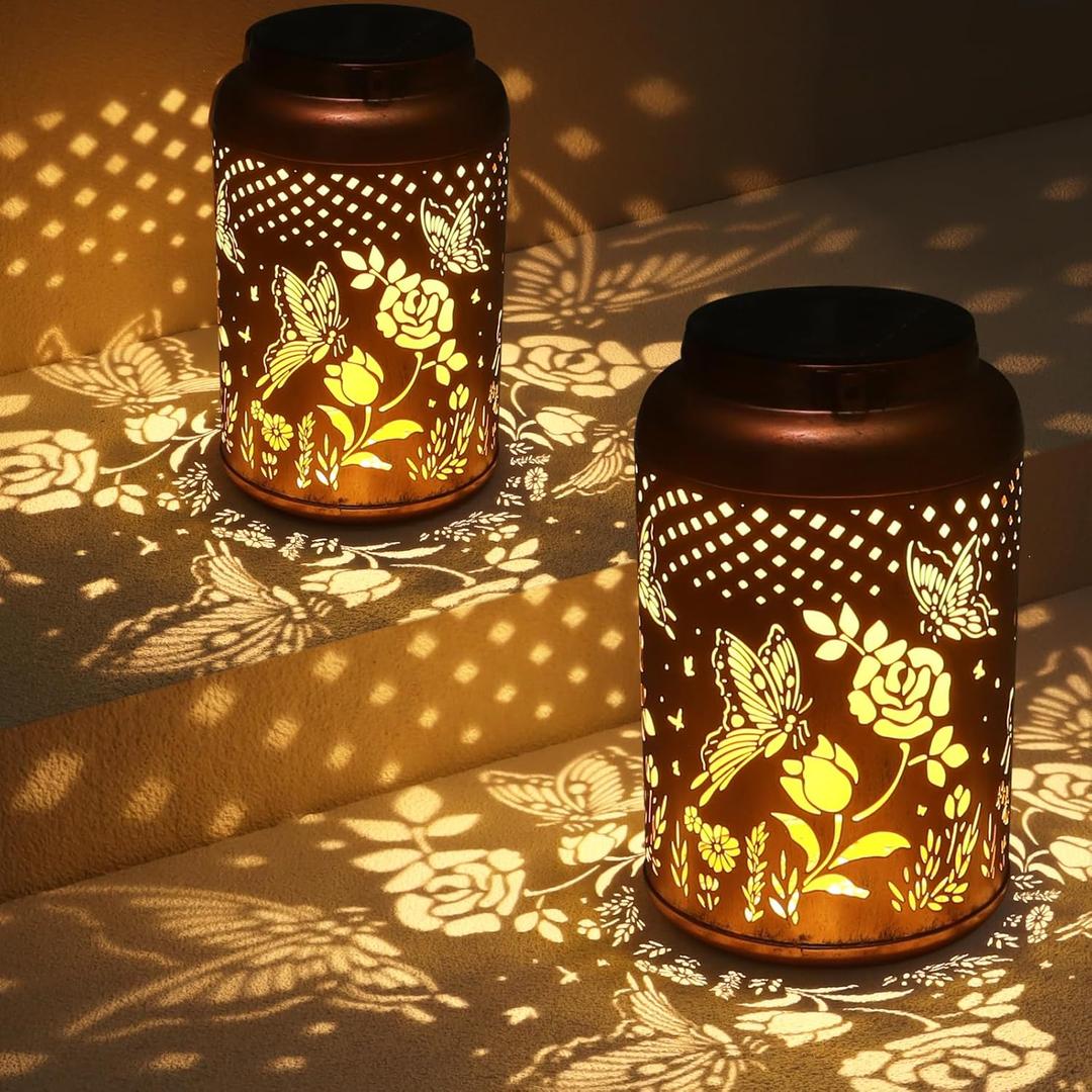 2 Pack Solar Lanterns Outdoor Waterproof, Butterfly Rose Garden Decor Birthday Gifts for Women Mom Grandma Hanging Solar Lights Metal Solar Decoration Outside for Yard, Patio, Lawn