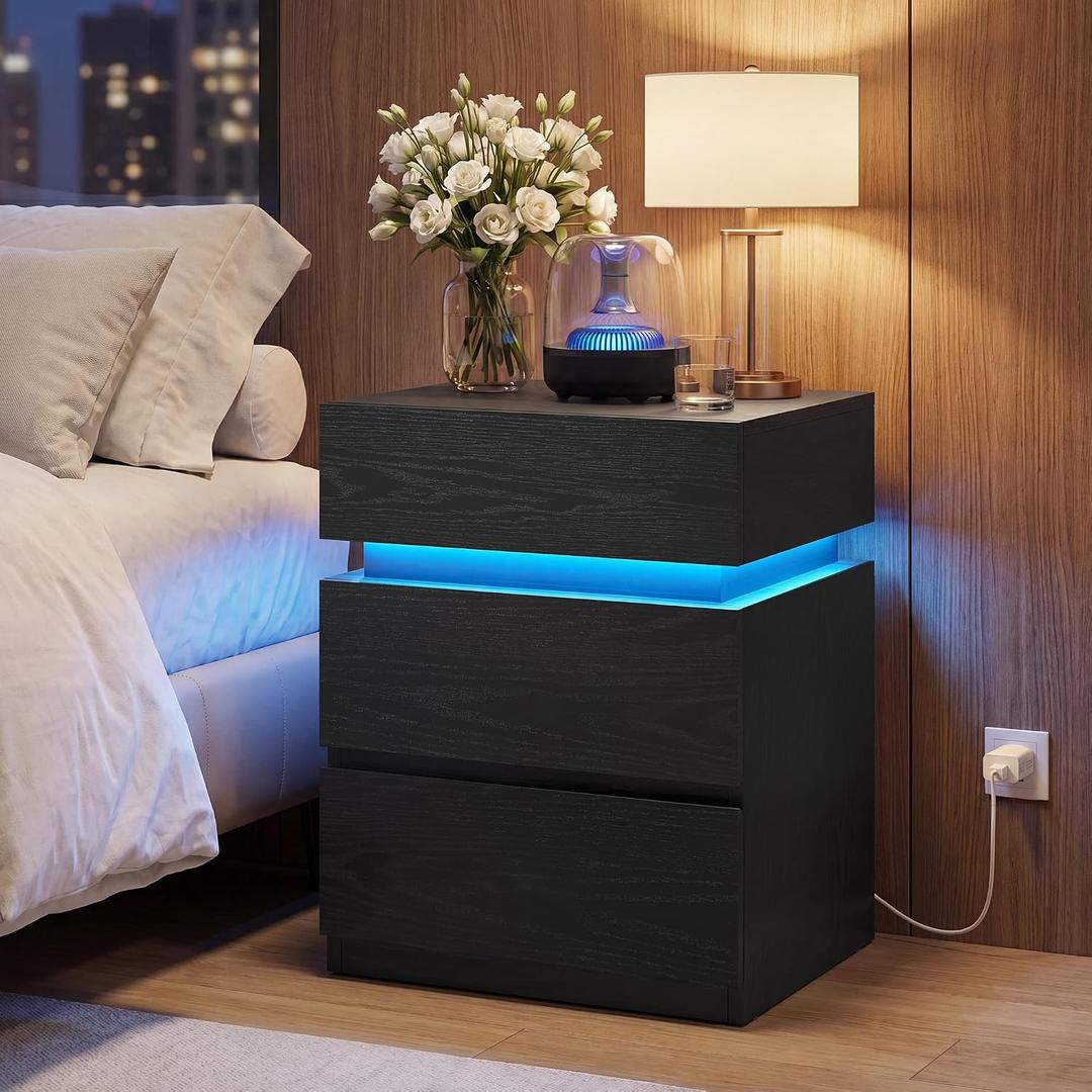 VASAGLE LED Nightstand with Charging Station, 3 Drawers