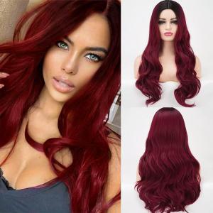 Sabosi Long Ombre Red Wavy Wig for Women 26 Inch Middle Part Curly Wavy Wig Natural Looking Synthetic Heat Resistant Fiber Wig for Daily Party Use
