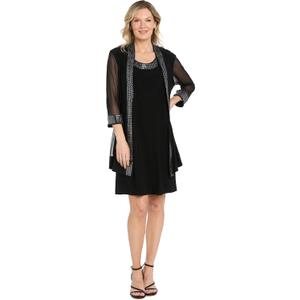 R&M Richards Women's 2-Piece Sheer Jacket Dress Set - Beaded Trim & 3/4 Sleeves - Cocktail, Party & Formal Occasions (Black, M)