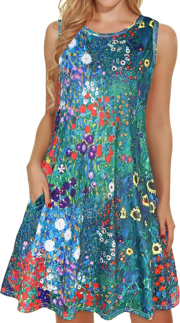 elescat Women's Summer Dresses 2025 Beach Casual Sleeveless Floral Print Tank Loose Sundress with Pocket (Large)
