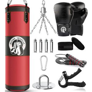 4FT Punching Bag for Adults/Kids, Unfilled Heavy Punching Bag, Boxing Bag Set with Punching Gloves, Wraps, Chain, Ceiling Hook for MMA Kickboxing Boxing Karate Muay Thai Taekwondo