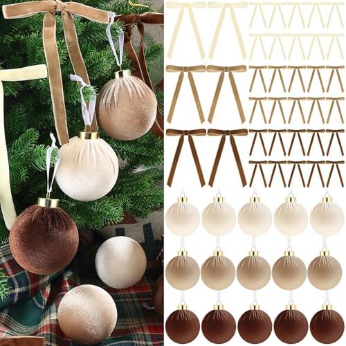 49 Pcs Christmas Velvet Ornaments 13Pcs Christmas Tree Decor Balls 3.14" 36 Pcs Velvet Vintage Ribbon Bows 5/8" Wide 6 * 8" for Xmas Tree Hanging Decorations Home Indoor Decor (Brown Color Mix)