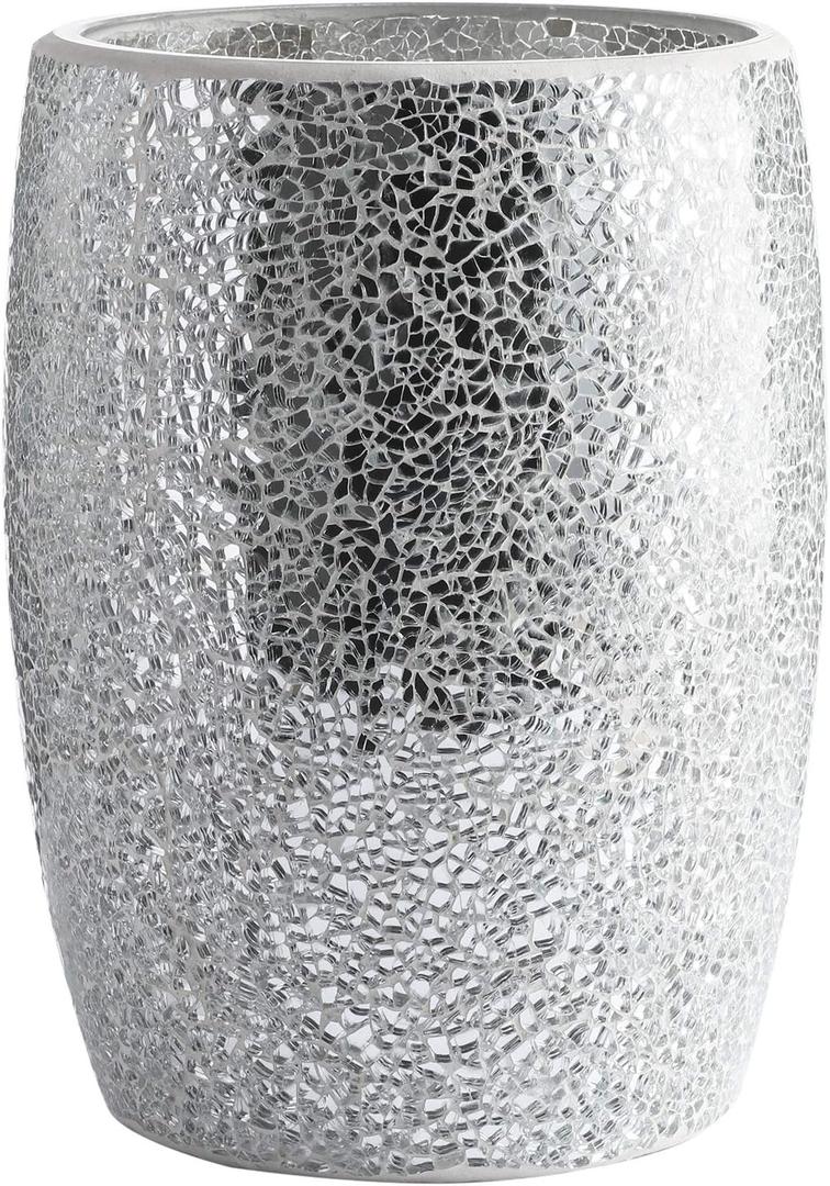 WHOLE HOUSEWARES | Bathroom Wastebasket | Mosaic Glass Decoration | Bathroom Trash Can | Bathroom Accessory | Shiny Glass Garbage Can | 7.5" x 10" (Silver)
