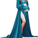Maternity Dress for Photoshoot Baby Shower Long Sleeve Sweetheart Maxi Gown Flowy Slit Pregnancy Photography (Medium, 114 Spruce Blue)