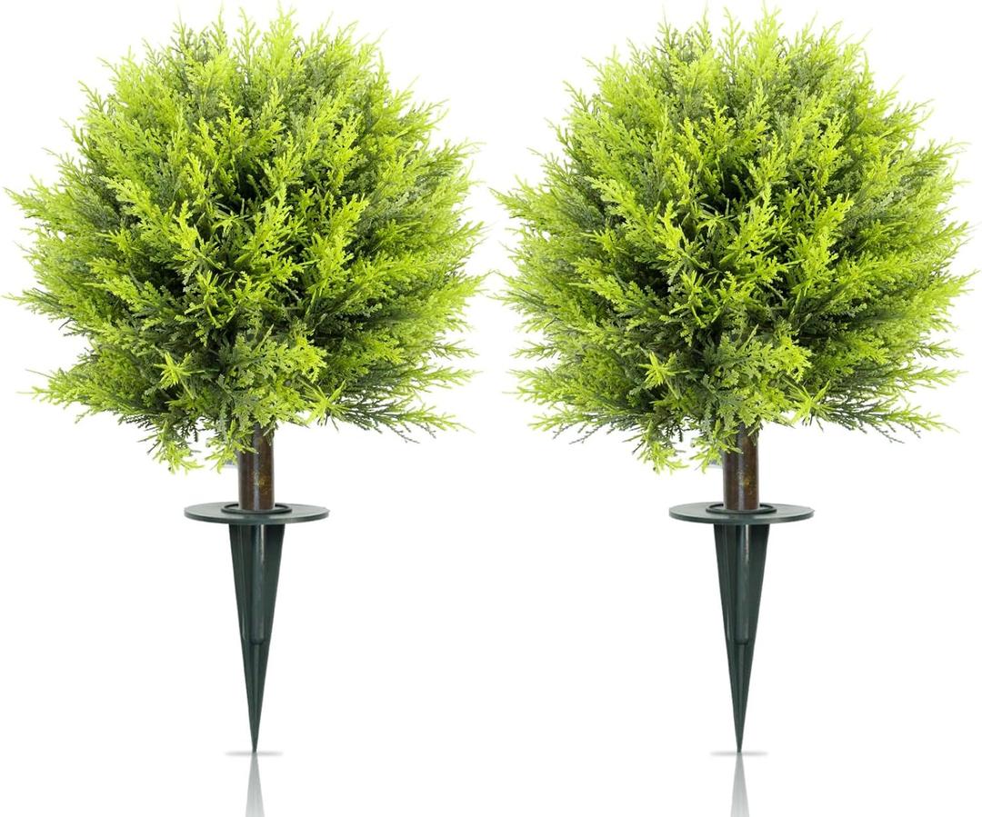 Artificial Cypress Ball Trees 24" with Ground Spike, 2PCS Realistic Artificial Plants Outdoor/Indoor UV Resistant & Effortless Adjust Tree Branchs, Perfect for Home Office Patio Decor