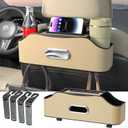 Back Seat Cup Holder for Car Multifunctional Rear Seat Organizer with Drink Holders, Tissue Box Storage & Hooks, Fits Headrest for Auto, Family Travel Accessories. (Beige)