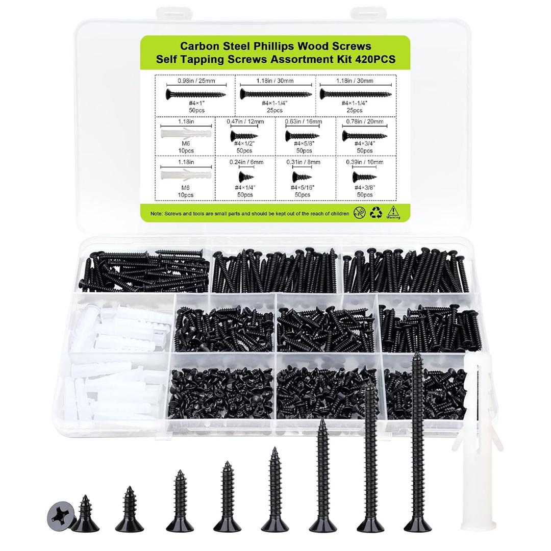 #4 Flat Head Small Wood Screws Assortment kit 420Pcs, Black Phillips Short Screw, Carbon Steel, Cabinet Hinge Mounting, Electronics DIY Micro Screws Fasteners Set, Contains 20pcs M6 Screw Anchors