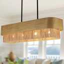 38 Inch Boho Rattan Chandelier, 4-Light Rectangle Dining Room Light Fixture, 2 Layer Large Linear Chandelier with Woven Rattan Shade for Dining Room Kitchen Island Living Room