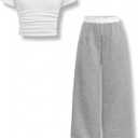 13-14Y Years Girls Sizes 2 Piece Casual Set Ruched Short Sleeve Fitted Waist-Cinched Top & Wide Leg Pants