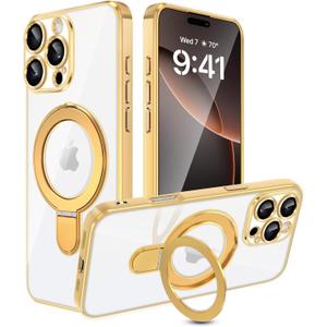 Fingic for iPhone 16 Pro Max Case[Full Camera Len Protector]with Magsafe with Invisible Stand Military Grade Drop Protection Cute Thin Fit Non-Yellowing Clear TPU Rugged Bumper Anti-scratch Case,Gold