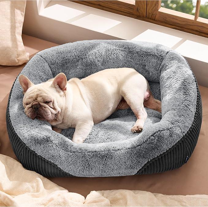 Bedsure Washable Dog Bed Medium Size Dog - Rectangle Fluffy Plush Big Pet Bed, Corduroy Fleece and Nonskid Bottom,30x24x8inches,Suitable for Pet Up to 35 Lbs,Grey