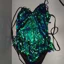 IBAKOM Sexy Sequins Fringe Bodysuit Halter Lace Up Back Jazz Latin Dance Tassel Leotard Acrobat Costume Rave Concert Outfits (Medium, Green +blue)
