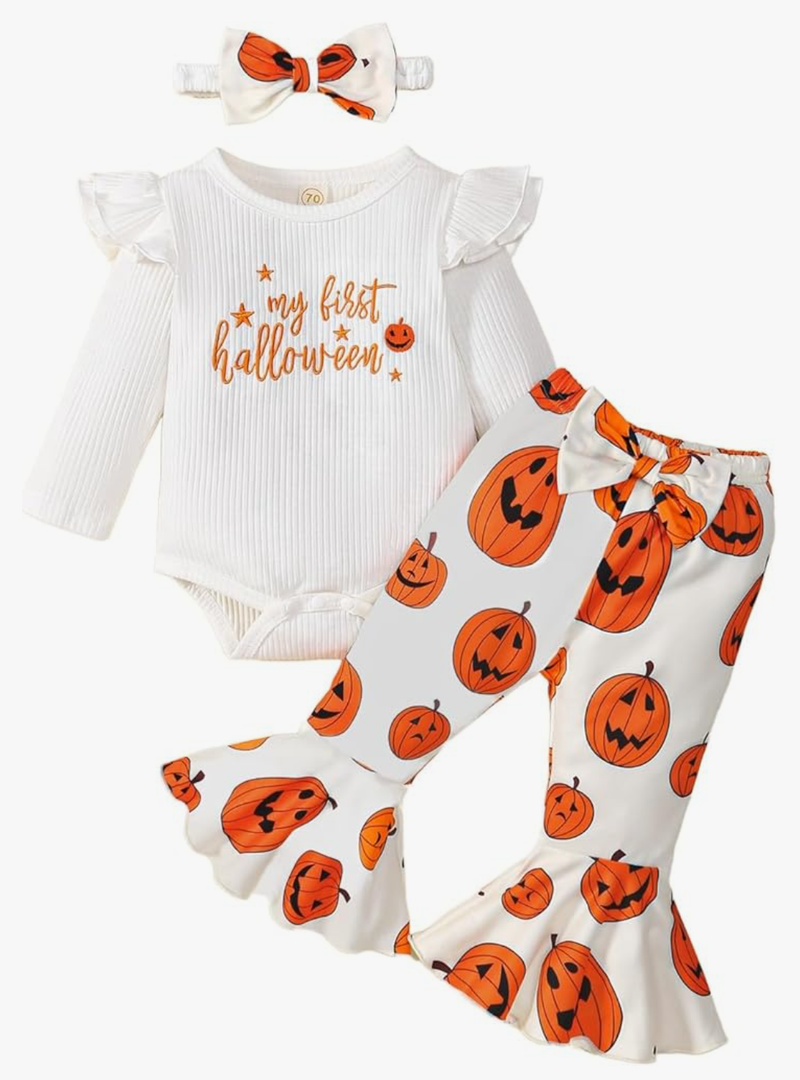 My First Halloween Outfit Newborn Baby Girl Outfits Pumpkin Long Sleeve Ribbed Romper Flare Pant Headband 3Pcs, 6-12M
