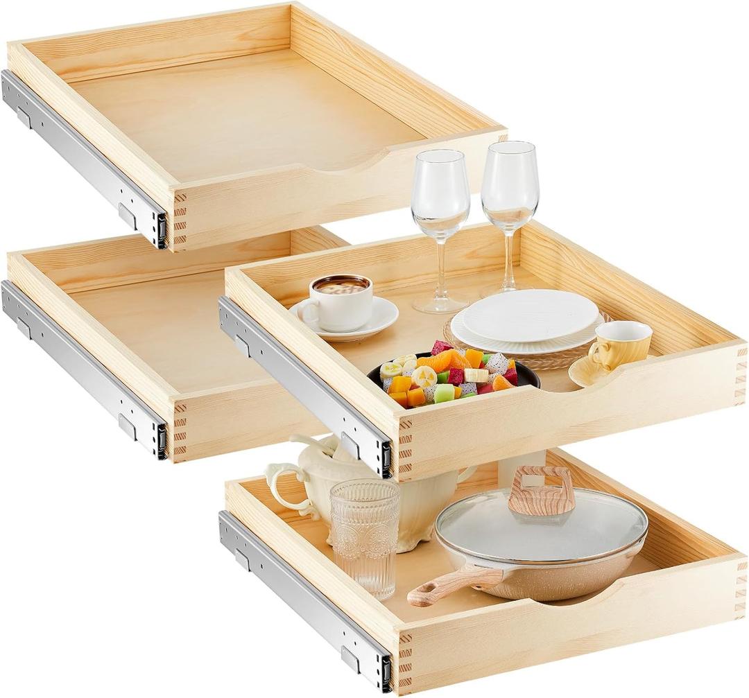 Sintuff 4 Set Wooden Pull out Tray Cabinet Organizer Soft Close Roll out Shelves for Kitchen Cabinets Fully Assembled Slide Pantry Shelves (18'' X 21'')