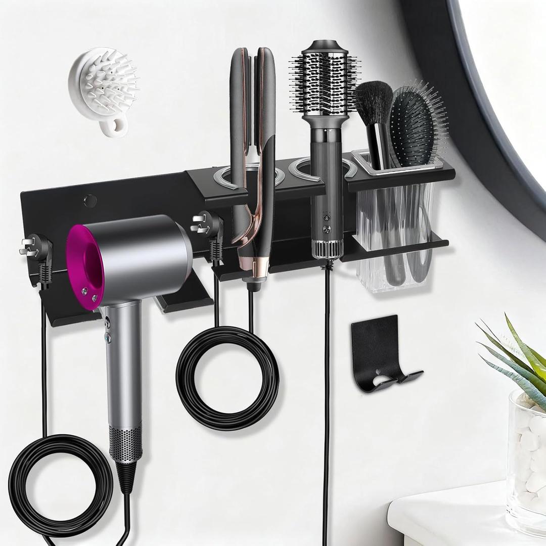 Hair Tool Organizer, 3-in-1 Universal Hair Dryer Holder Wall Mounted, Metal Hot Tools Organizer for Blow Dryer, Straightener and Curling Iron, Stylers Storage Rack for Bathroom (with Comb and Hook) (Black)