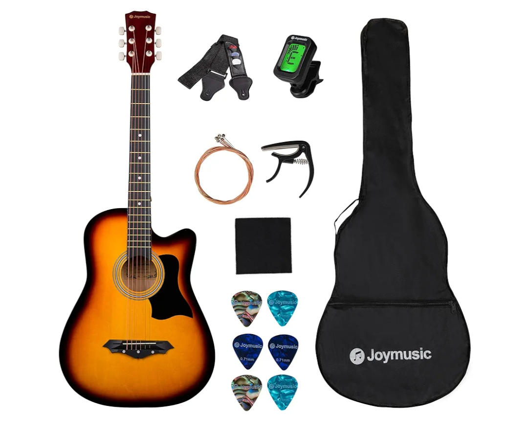 Joymusic 38 inch sunburst beginner acoustic guitar kit,bundle with a strap with picks holder,digital tuner, set strings, capo,cleaning cloth,6 picks,gig bag.(JG-38C,3TS)