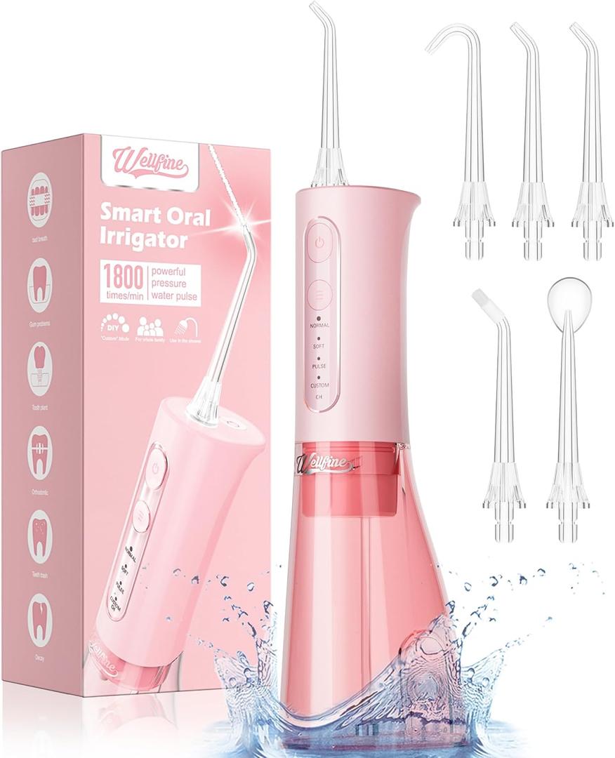 Water Dental Flosser Teeth Pick: Portable Cordless 4 Modes Flossers Pic 300ML Rechargeable Floss Pik Powerful IPX7 Waterproof Oral Irrigator for Cleaning Gum Care Braces for Home Travel (02_Pink)