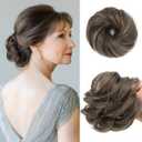 CJL HAIR Pack of 2 Small Cute Messy Bun Hair Piece for Thin Hair Women Mini Synthetic Curly Bun Scrunchies Updo Hairpieces Pepper Brown