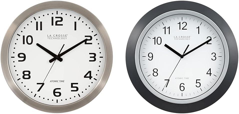 La Crosse Technology WT-3161WH-INT 16 Inch Stainless Steel Atomic Clock-White Dial, 16", Metal Frame & WT-3129B 12 Inch Atomic Analog Wall Clock, Pack of 1, Black