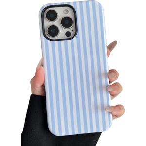 Compatible with iPhone 16 Pro Max Case Cute Aesthetic Striped Phone Case for Women Girl Shockproof Slim TPU and Hard PC Protective Cover (Light Blue)