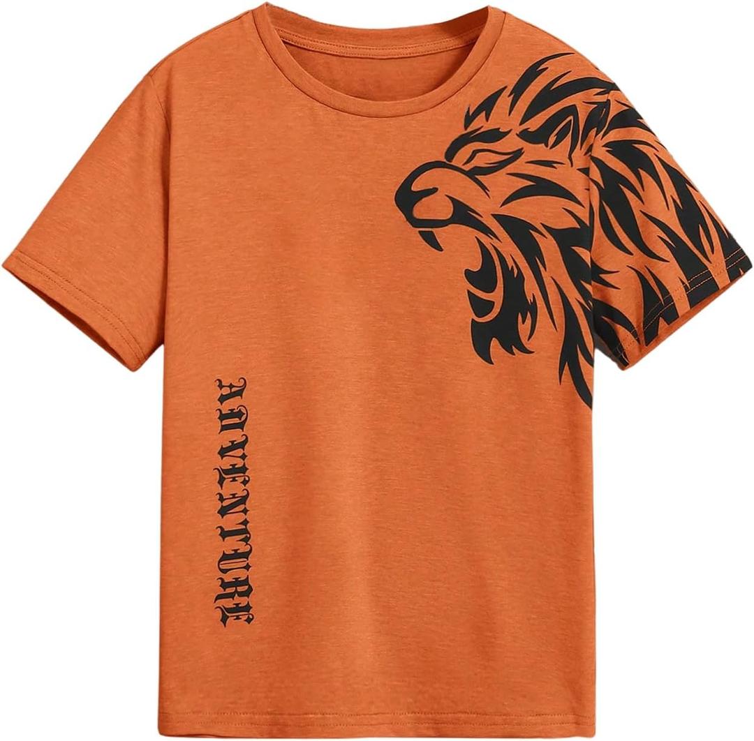 SweatyRocks Boy's Letter Print T Shirts Crew Neck Short Sleeve Graphic Tees Tops (Orange, Size: 14 Years)