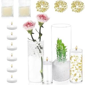 UDU 4 Set Glass Cylinder Vases for Centerpieces with 20000 Vase Filler 6 White Floating Candles 3 Pearl String, Centerpieces for Wedding Party Home Table Decoration
