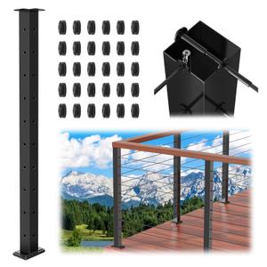 Zylorix 36" T304 T-drilled Cable Railing Corner Post(Post 35"x2"x2"), Modular Three Sides Wire Railing Post with Cable Grommets, Fixed Top Mount Stainless Steel Black Finish Deck Staircase Post
