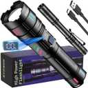 Rechargeable Flashlights High Lumens 100000 Long Distance, Single Click 3 Modes, Super Bright LED Flashlight USB C Long Lasting 15H, Powerful Strong Flash Light for Security Hiking Camping, 1 Pack