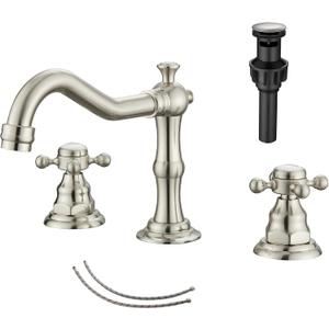 GGStudy 2 Handles 3 Holes Faucet Widespread Bathroom Sink Faucet Brushed Nickel Basin Tap Mixer Faucet Matching Pop Up Drain