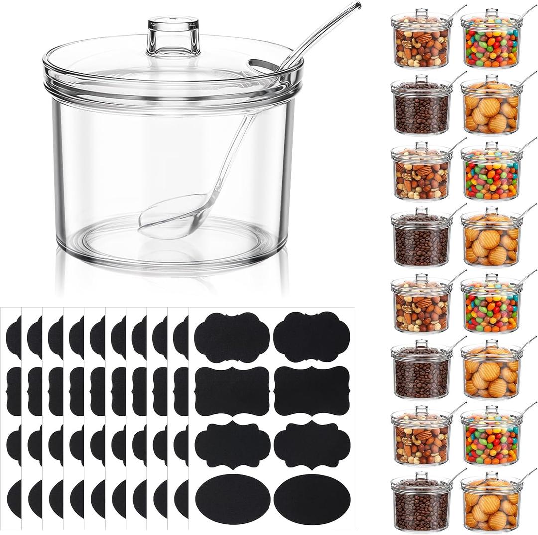 16Pcs Toppings Containers with Lids and Spoon with Tag, 7.1 Oz Clear Acrylic Sugar Salt Dispenser for Countertop, Ice Cream Sundae Toppings, Condiment Organizer Set for Restaurant Supplies