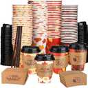 Jingmore 100 Set 12 oz Winter Christmas Hot Coffee Cups Disposable with Lids and Sleeves Hot Cocoa Cups for Winter Christmas Thanksgiving Birthday Party Supplies (Maple Leaf, Black)