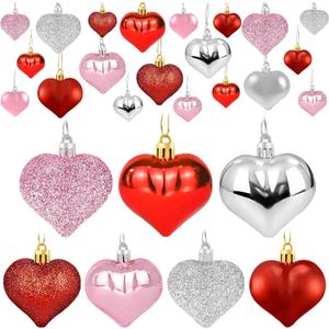 48PCS Heart Ornaments for Valentines Day Decorations, 2 Sizes Heart Shaped Ornaments for Christmas Valentine Tree, Red Pink Silver Glitter Hearts Hanging Decorations for Valentines Day Decor