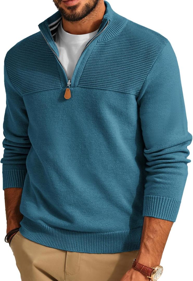 PJ PAUL JONES Men's Quarter Zip Sweater Slim Fit Casual Pullover Sweater Mock Neck Polo Sweaters (Teal, S)