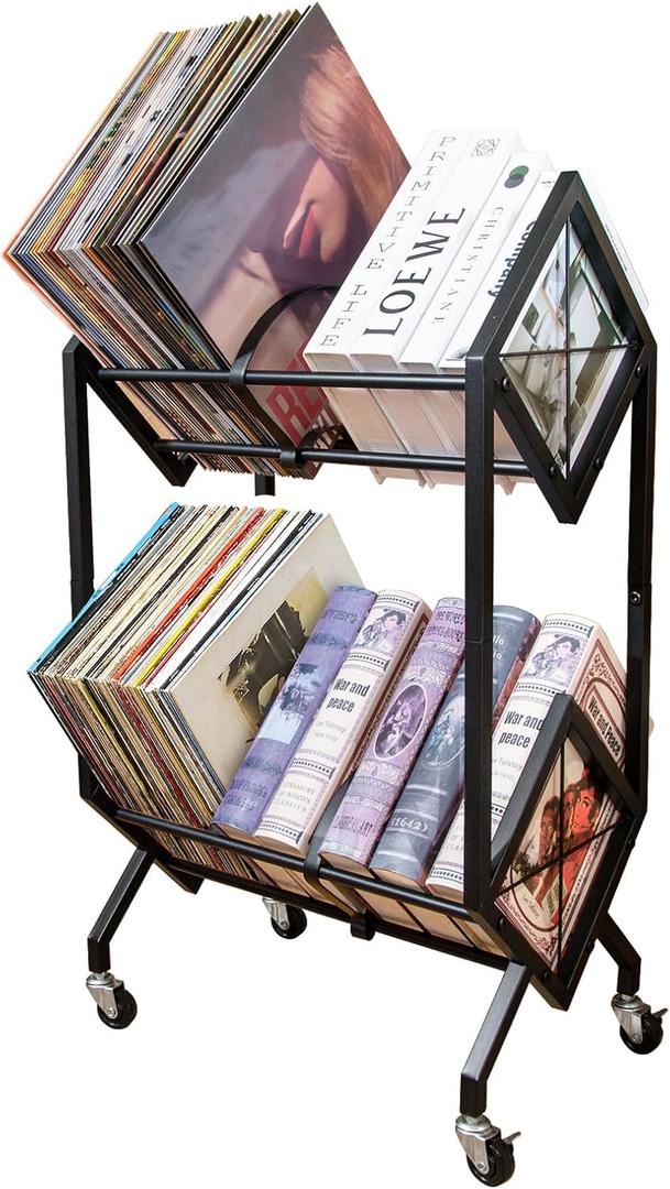 Vinyl Record Storage Rack, 2 Tier Record Organizer with Wheels, 200 LP Albums Storage Rack Shelf, Metal Records Display Shelf Organizer for Magazines, Books, Office Files, Black