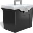 ack of 4STAPLES File Folder Tote, Portable Filing Box, Holds Letter Size Hanging Folders, Security Latch & Built-In Lid Organizer, Black/Clear, 