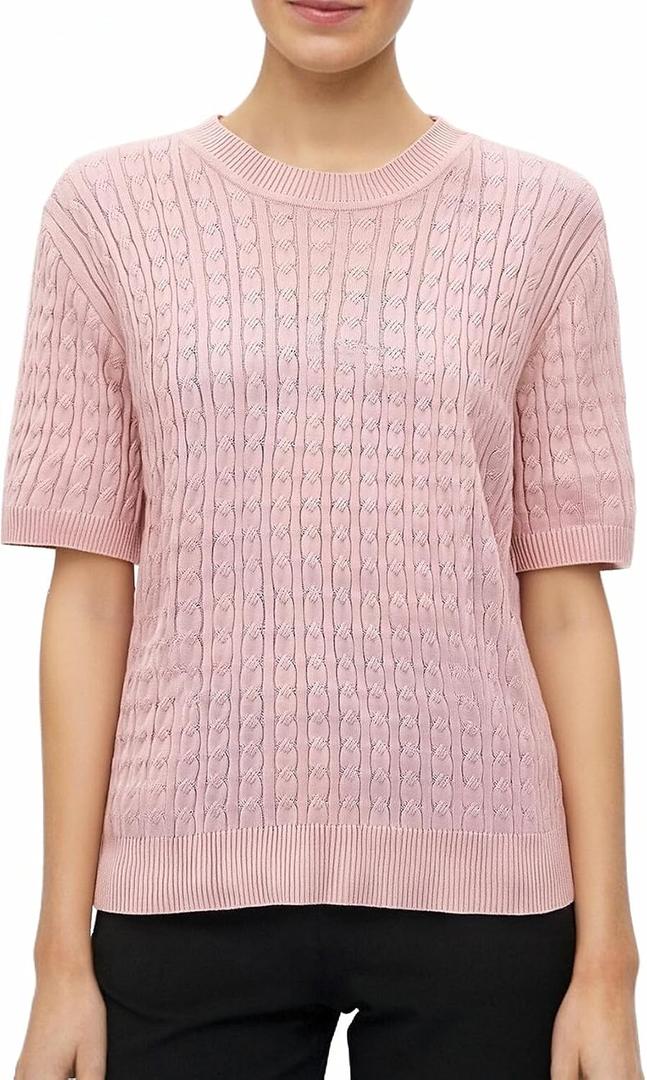 Ckikiou Lightweight Ribbed Knitted Short Sleeve Sweater T-Shirt for Women Spring Summer Casual Crewneck Silky Tee Shirt (M)