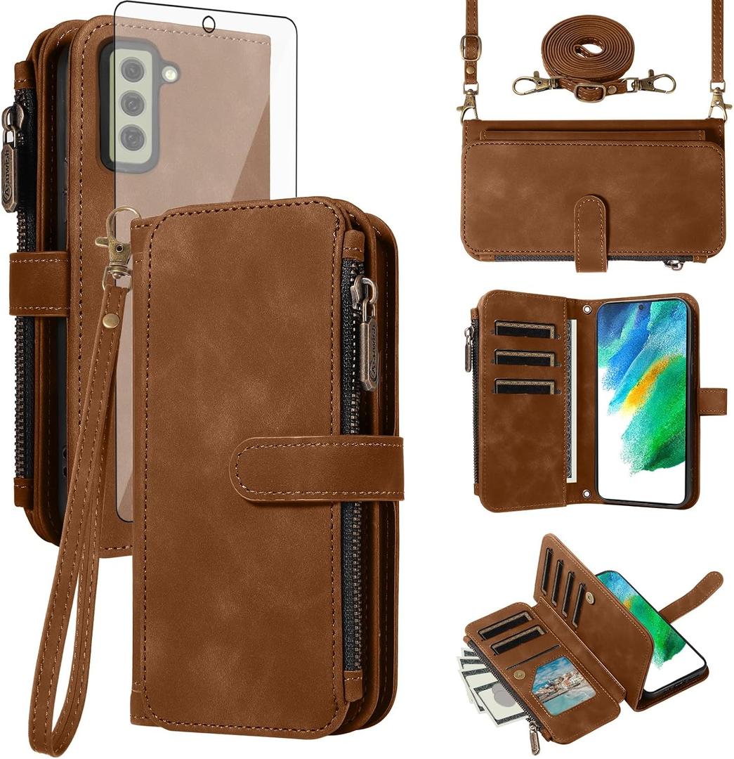 Asuwish Phone Case for Samsung Galaxy S21 FE 5G Zipper Wallet Cell Cover with Tempered Glass Screen Protector Crossbody Strap Flip Credit Card Holder S 21 EF S21FE5G UW S21FE 21S G5 6.4 inch Men Brown