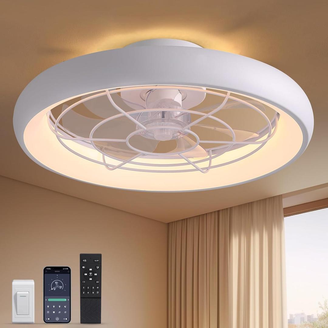 Ceiling Fans with Lights, Low Profile Flush Mount Ceiling Fans with LED Lights and Remote, Modern Ceiling Fans with 6 Wind Speeds Dimmable for Bedroom Living Room Kitchen 20" (White)