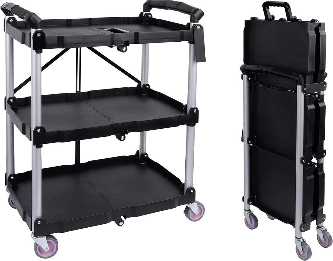 Elevon Folding Utility Cart, Portable Collapsible Service, 3 Shelf Heavy Duty Collapsible Tool with Wheels, Suitable for Office Warehouse Home, Black