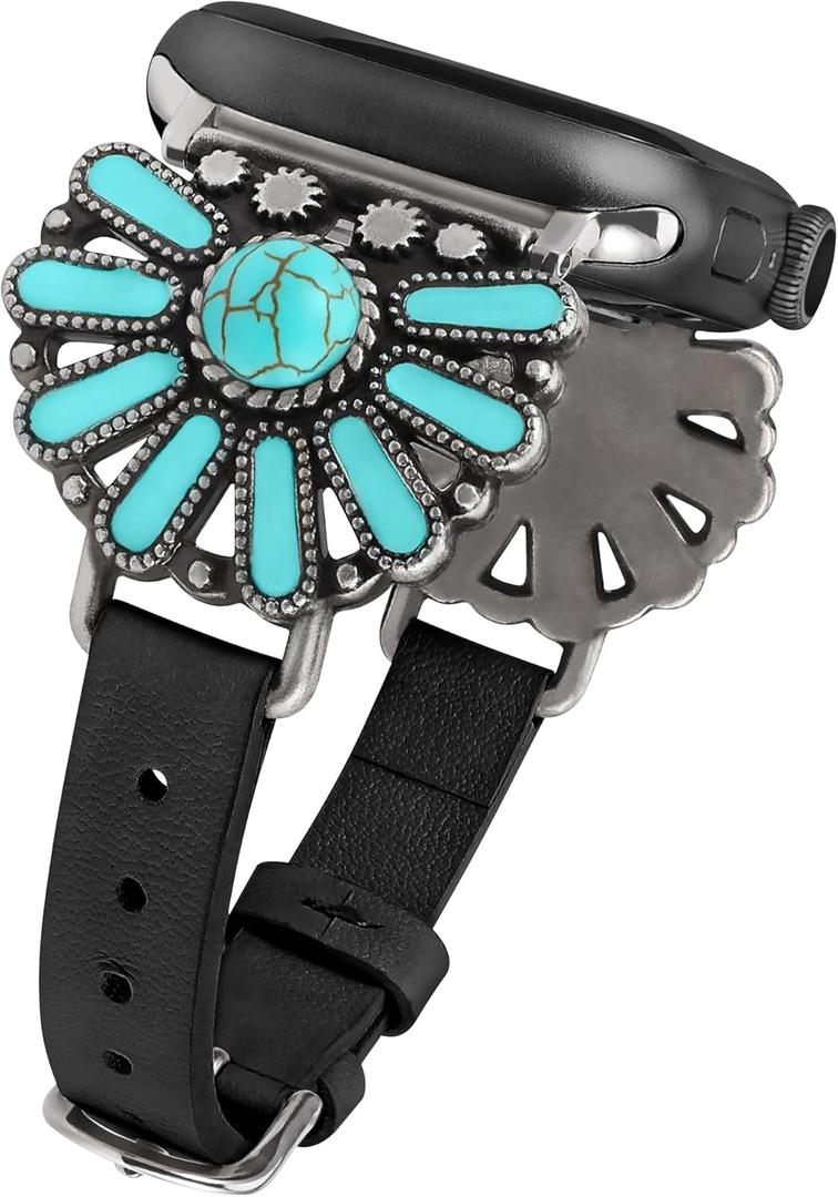 W-RARA Leather Band Compatible with Apple Watch Band Women 42/44/45/46/49mm, Boho Western Vintage Turquoise Ethnic Antique Style Strap for iWatch Series 3 2 1