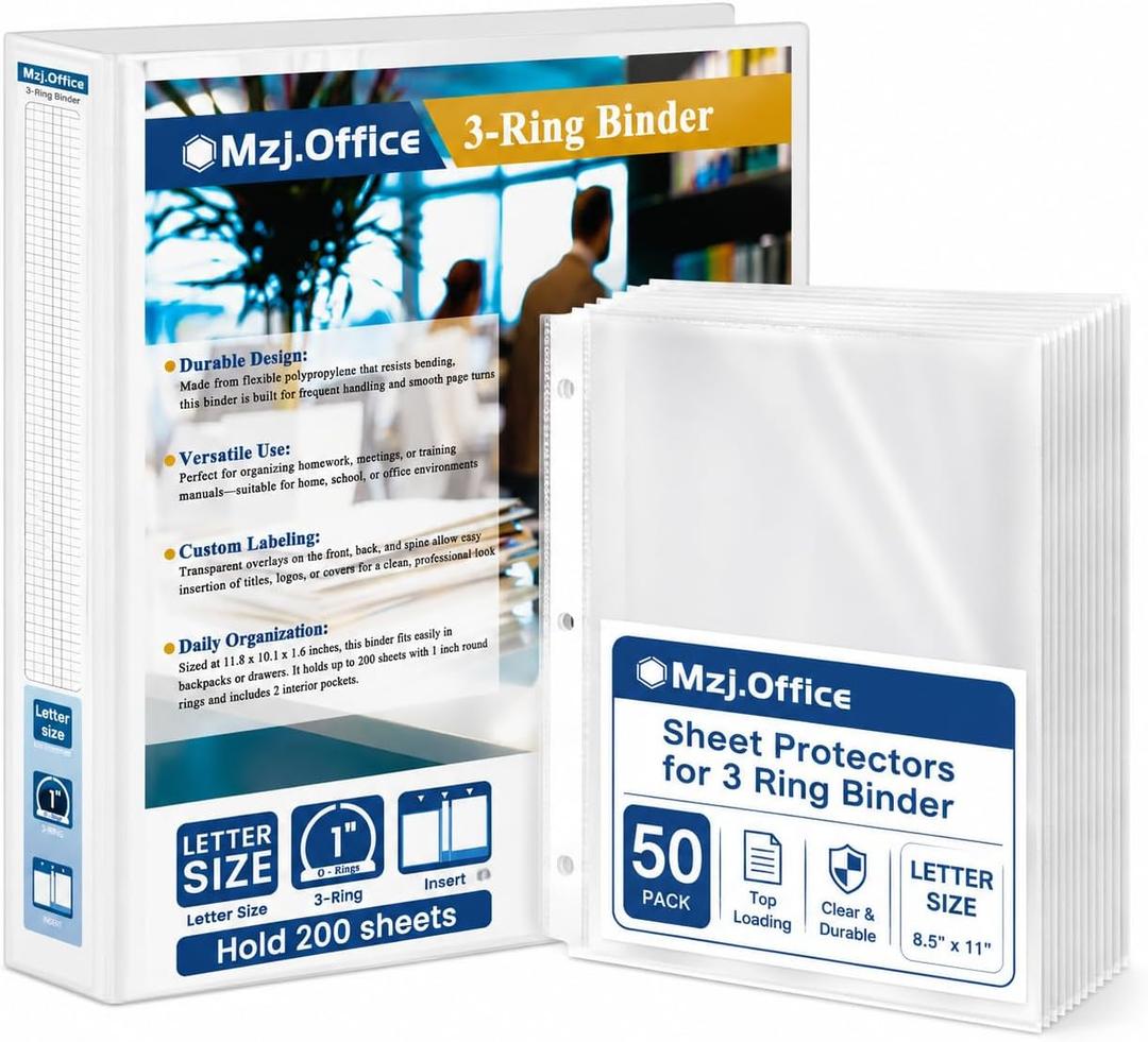 1 Inch Binders 3 Ring Set, White 1" Round + 50 Sheet Protectors