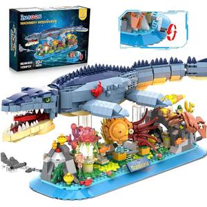 Mosasaurus Building Set with LED Light, 1219 PCS Movable Ocean Animal Building Block Toy with Nautiluses Jellyfish Squid Coral Reef, Ancient Reptile Home Decor Gift for Adults Teens Boys 12+