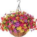 Orgrimmar Artificial Hanging Flowers Basket Outdoor Fake Hanging Plants UV Resistant Realistic Silk Flowers Eucalyptus in Coconut Lining Baskets for Home Porch Balcony Patio Yard Muti-Color