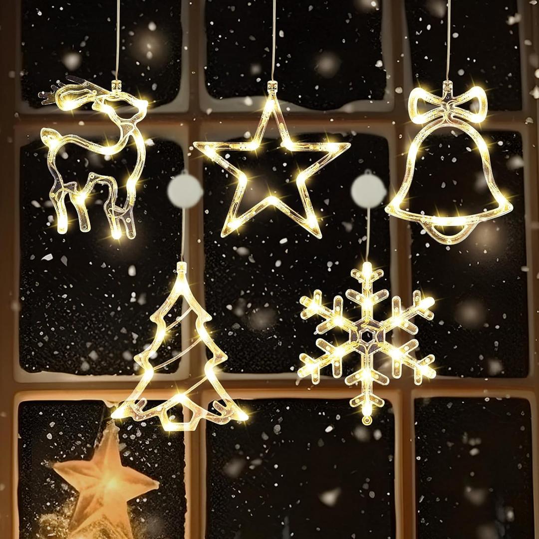 5 Pack Christmas Window Lights, Warm White X-Mas Tree, Reindeer, Bell, Snow, Star Lights, Battery Operated Christmas Window Decorations with Suction Cup and Timer Function for Window Glass Decor