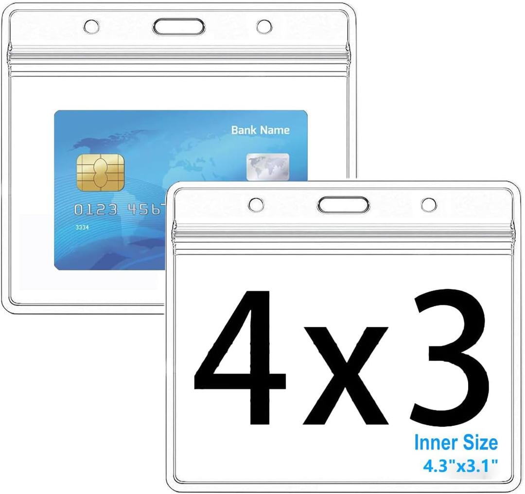 Extra Thick Horizontal ID Card Name Tag Badge Holder with Waterproof Type Resealable Zip (4x3 Inches Medium Size, 6Packs)