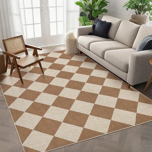 GarveeHome Checkered Easy Jute 3x5 Entryway Rug Machine Washable Outdoor Patio Rug Non-Slip Backing Checkerboard Brown Indoor Outdoor Carpet for Hallway Bathroom Kitchen Bedroom